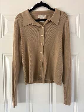 EXPRESS Tricot Vintage Tan Ribbed Knit Collared Button Up Cardigan Sweater Large
